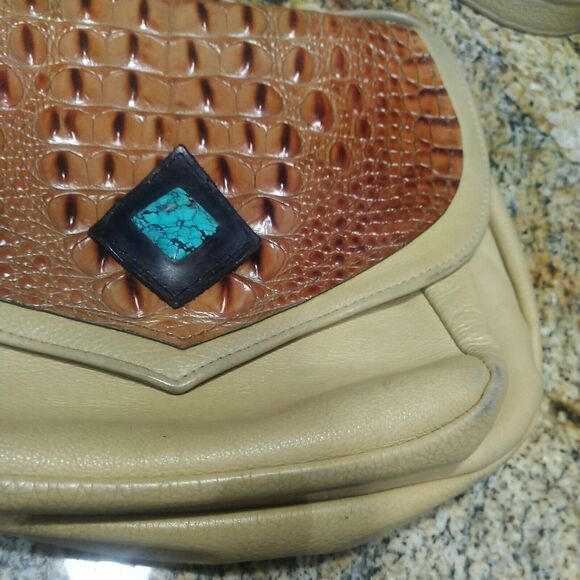 HANDMADE VINTAGE BEIGE LEATHER & ALLIGATOR W REAL TURQUOISE BAG PURSE - Picture 5 of 12